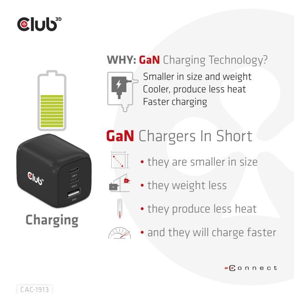 CLUB3D Travel Charger PPS 65Watt GAN technology, Triple port (2x USB Type-C + USB Type-A) Power Delivery(PD) 3.0 Support (CAC-1913EU)