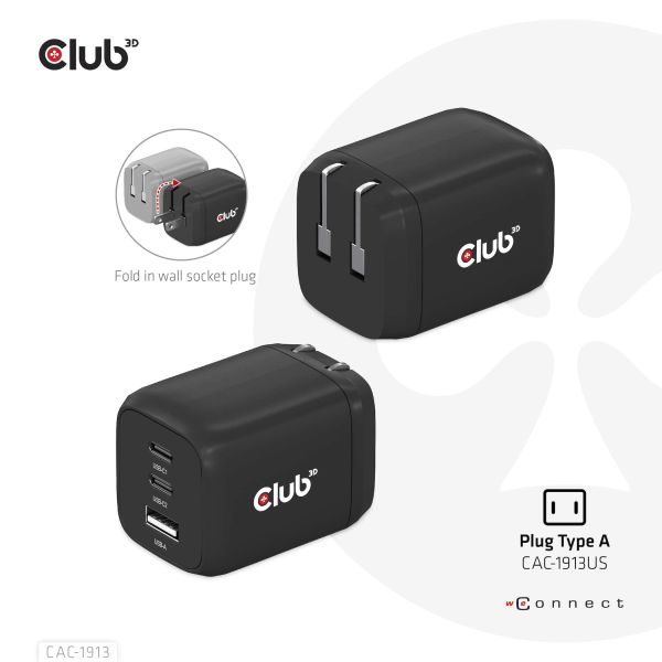 CLUB3D Travel Charger PPS 65Watt GAN technology, Triple port (2x USB Type-C + USB Type-A) Power Delivery(PD) 3.0 Support (CAC-1913EU)