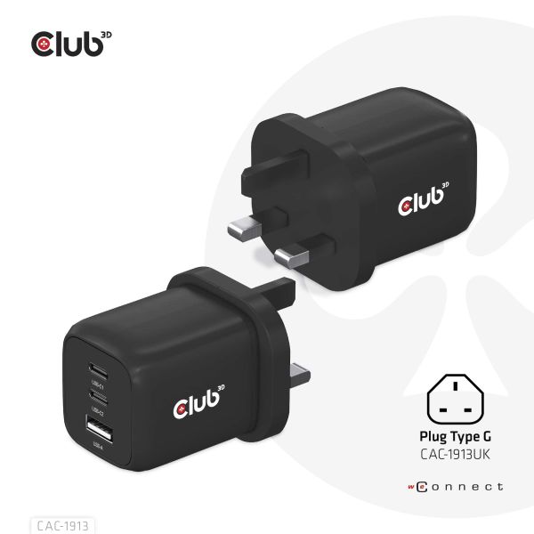 CLUB3D Travel Charger PPS 65Watt GAN technology, Triple port (2x USB Type-C + USB Type-A) Power Delivery(PD) 3.0 Support (CAC-1913EU)