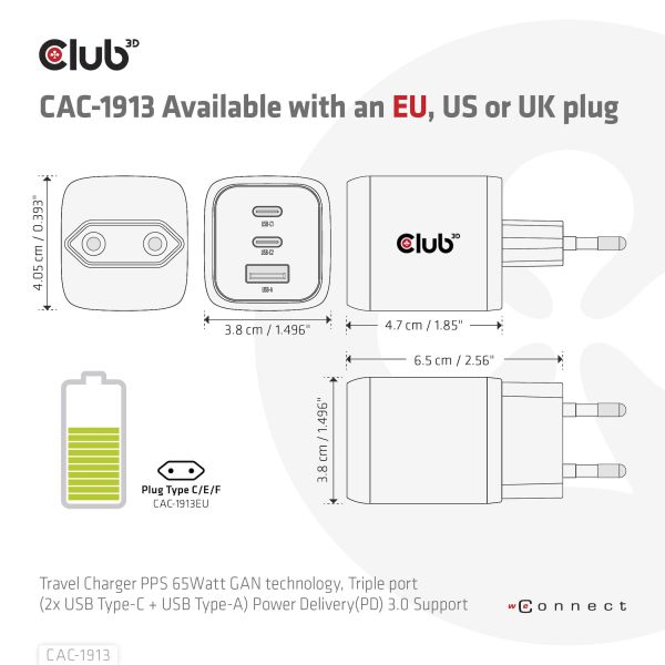 CLUB3D Travel Charger PPS 65Watt GAN technology, Triple port (2x USB Type-C + USB Type-A) Power Delivery(PD) 3.0 Support (CAC-1913EU)