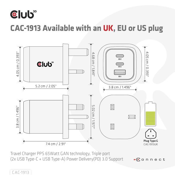CLUB3D Travel Charger PPS 65Watt GAN technology, Triple port (2x USB Type-C + USB Type-A) Power Delivery(PD) 3.0 Support (CAC-1913EU)