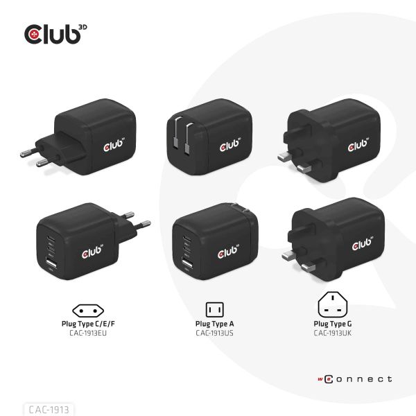 CLUB3D Travel Charger PPS 65Watt GAN technology, Triple port (2x USB Type-C + USB Type-A) Power Delivery(PD) 3.0 Support (CAC-1913EU)