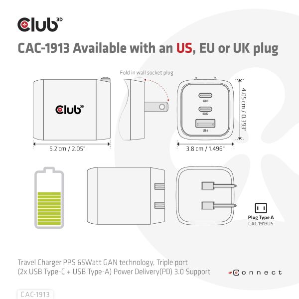 CLUB3D Travel Charger PPS 65Watt GAN technology, Triple port (2x USB Type-C + USB Type-A) Power Delivery(PD) 3.0 Support (CAC-1913EU)