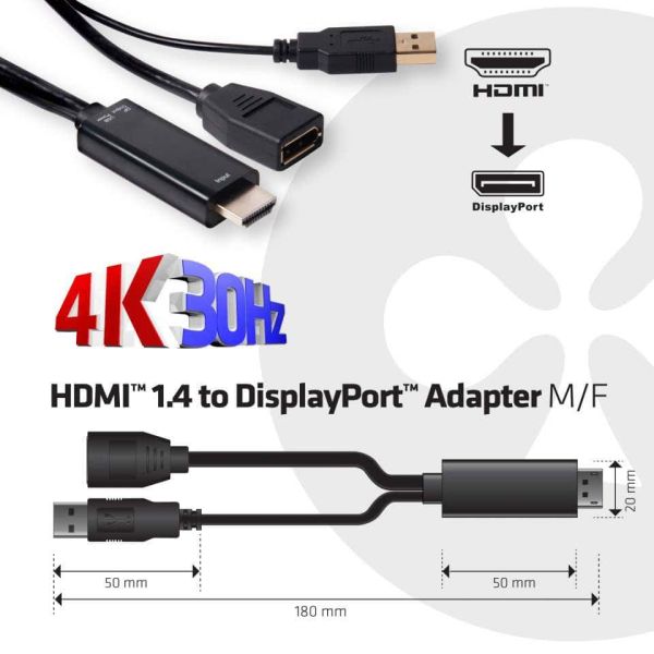 CLUB3D HDMI™ Naar DisplayPort™ Adapter M/V met USB voeding (CAC-2330)