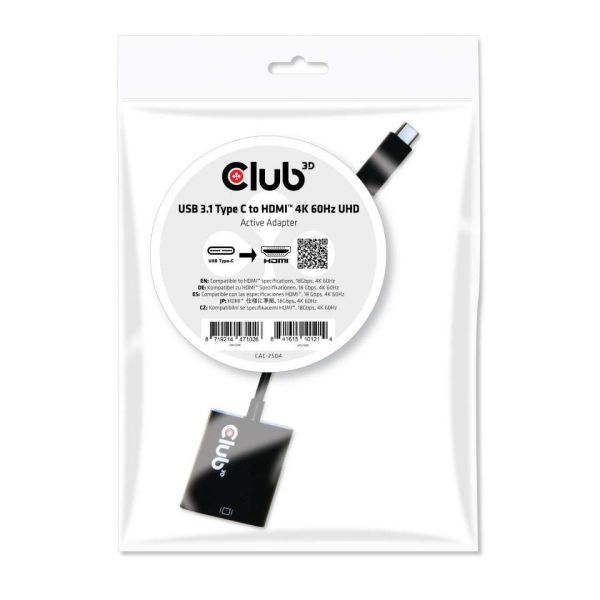 CLUB3D USB 3.1 Type C to HDMI 2.0 UHD 4K 60Hz Active Adapter (CAC-2504)
