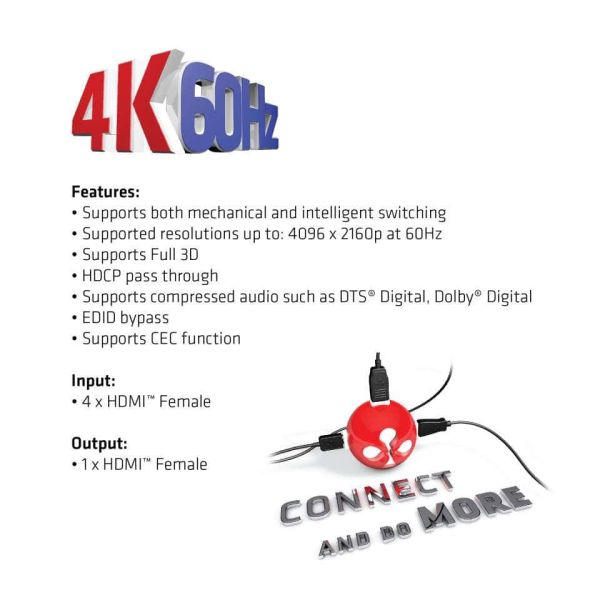 CLUB3D HDMI™ 2.0 UHD 4K60Hz SwitchBox 4 poorten en inbegrepen IR-afstandsbediening (CSV-1370)