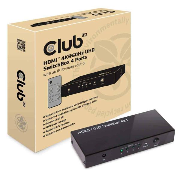 CLUB3D HDMI™ 2.0 UHD 4K60Hz SwitchBox 4 poorten en inbegrepen IR-afstandsbediening (CSV-1370)
