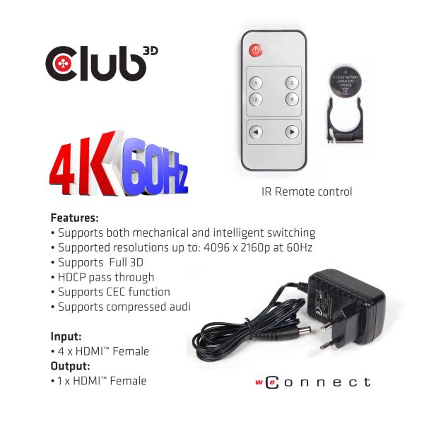 CLUB3D HDMI™ 2.0 UHD 4K60Hz SwitchBox 4 poorten en inbegrepen IR-afstandsbediening (CSV-1370)