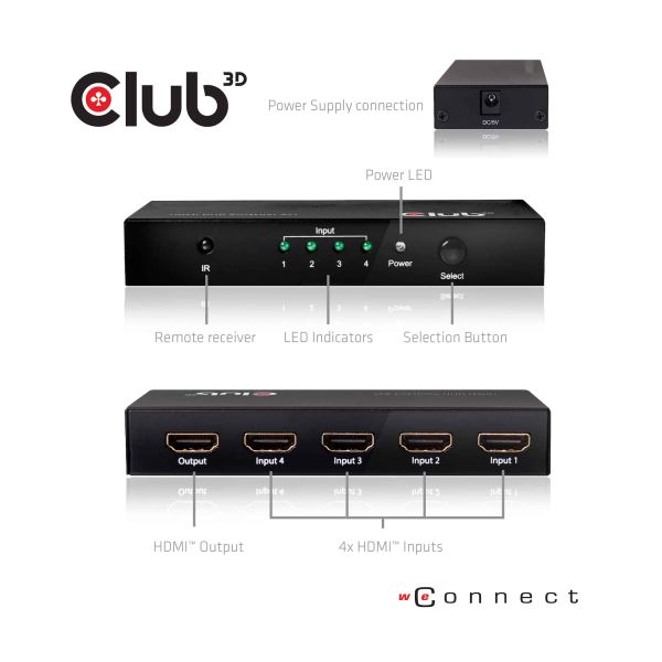 CLUB3D HDMI™ 2.0 UHD 4K60Hz SwitchBox 4 poorten en inbegrepen IR-afstandsbediening (CSV-1370)