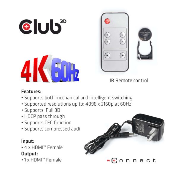 CLUB3D HDMI™ 2.0 UHD 4K60Hz SwitchBox 4 poorten en inbegrepen IR-afstandsbediening (CSV-1370)