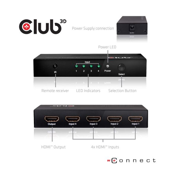 CLUB3D HDMI™ 2.0 UHD 4K60Hz SwitchBox 4 poorten en inbegrepen IR-afstandsbediening (CSV-1370)