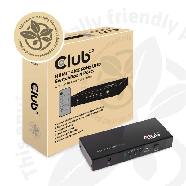 CLUB3D HDMI™ 2.0 UHD 4K60Hz SwitchBox 4 poorten en inbegrepen IR-afstandsbediening (CSV-1370)