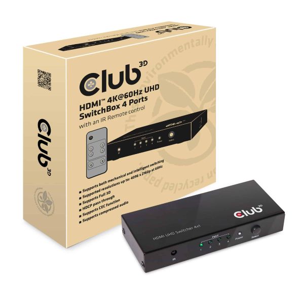 CLUB3D HDMI™ 2.0 UHD 4K60Hz SwitchBox 4 poorten en inbegrepen IR-afstandsbediening (CSV-1370)
