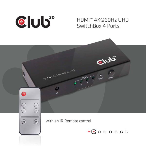 CLUB3D HDMI™ 2.0 UHD 4K60Hz SwitchBox 4 poorten en inbegrepen IR-afstandsbediening (CSV-1370)