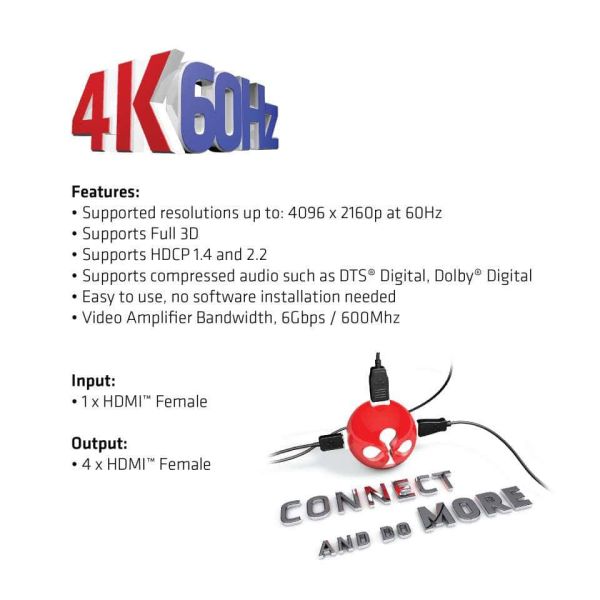 CLUB3D HDMI™ 4K@60Hz UHD Splitter AC Power 4 ports (CSV-1380)
