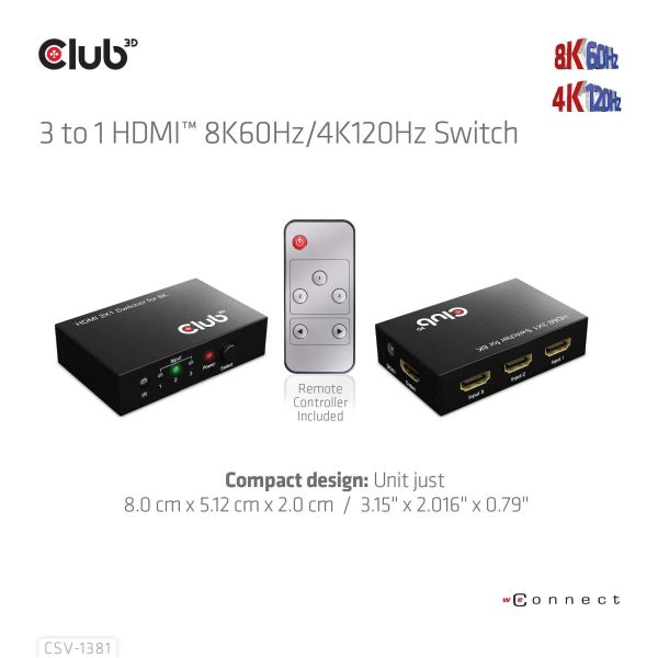 CLUB3D 3 to 1 HDMI™ 8K60Hz/4K120Hz Switch (CSV-1381)