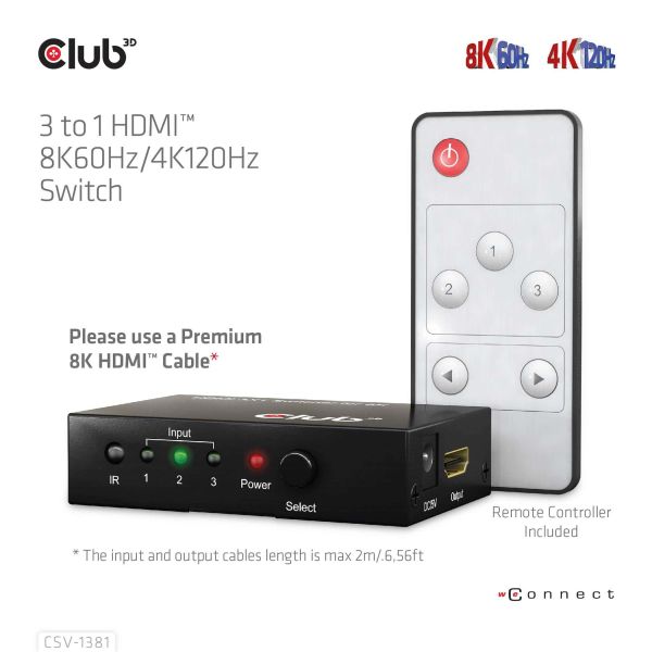 CLUB3D 3 to 1 HDMI™ 8K60Hz/4K120Hz Switch (CSV-1381)