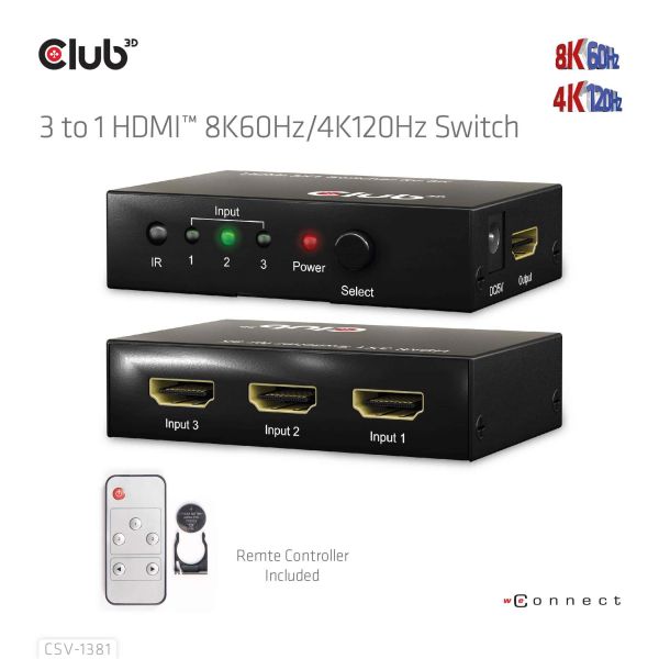 CLUB3D 3 to 1 HDMI™ 8K60Hz/4K120Hz Switch (CSV-1381)