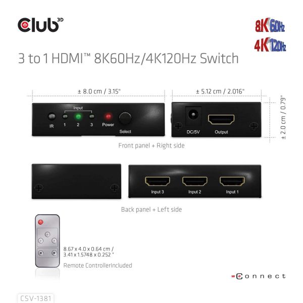 CLUB3D 3 to 1 HDMI™ 8K60Hz/4K120Hz Switch (CSV-1381)