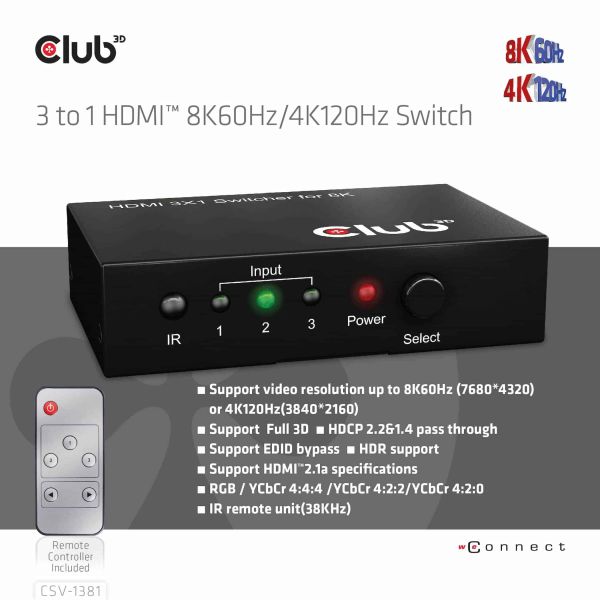 CLUB3D 3 to 1 HDMI™ 8K60Hz/4K120Hz Switch (CSV-1381)