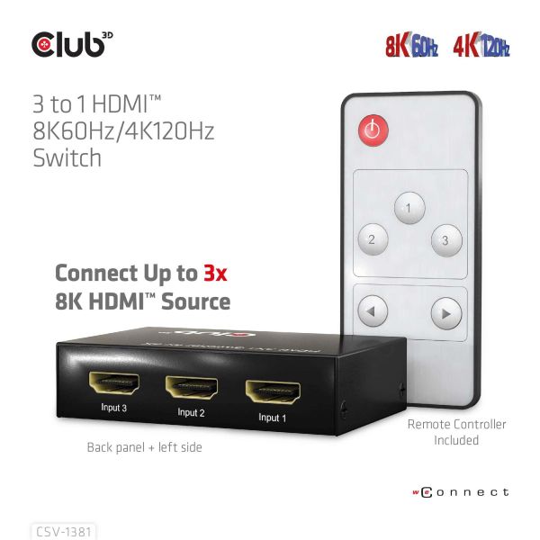 CLUB3D 3 to 1 HDMI™ 8K60Hz/4K120Hz Switch (CSV-1381)