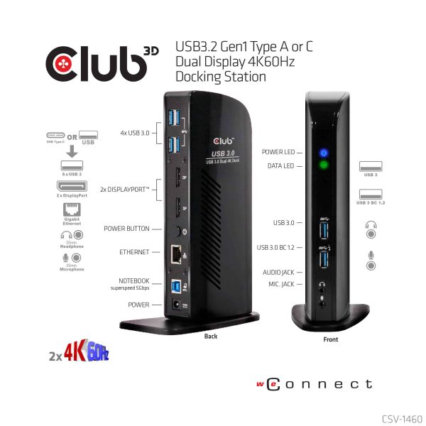 CLUB3D UNIVERSEEL Docking station USB3.2 Type A of C 2x Displayport 4K60Hz DisplayLink® gecertificeerd (CSV-1460)