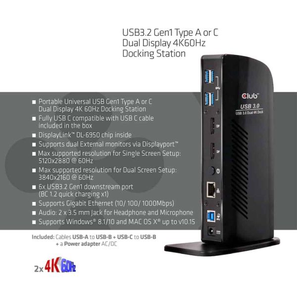 CLUB3D UNIVERSEEL Docking station USB3.2 Type A of C 2x Displayport 4K60Hz DisplayLink® gecertificeerd (CSV-1460)