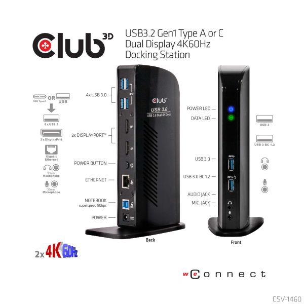 CLUB3D UNIVERSEEL Docking station USB3.2 Type A of C 2x Displayport 4K60Hz DisplayLink® gecertificeerd (CSV-1460)