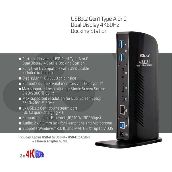 CLUB3D UNIVERSEEL Docking station USB3.2 Type A of C 2x Displayport 4K60Hz DisplayLink® gecertificeerd (CSV-1460)