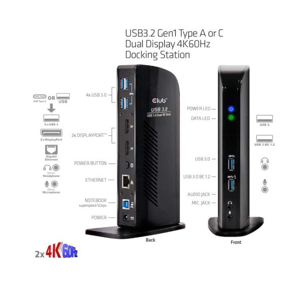 CLUB3D UNIVERSEEL Docking station USB3.2 Type A of C 2x Displayport 4K60Hz DisplayLink® gecertificeerd (CSV-1460)