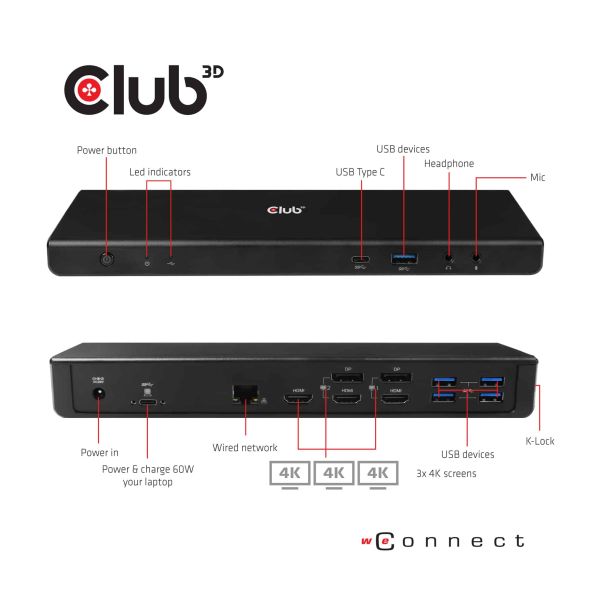 CLUB3D Type-C Universeel (2x 4K60Hz +1x 4K30Hz), oplaad Docking Station 60W DisplayLink® gecertificeerd en DP alt modus - kensington lock (CSV-1562)