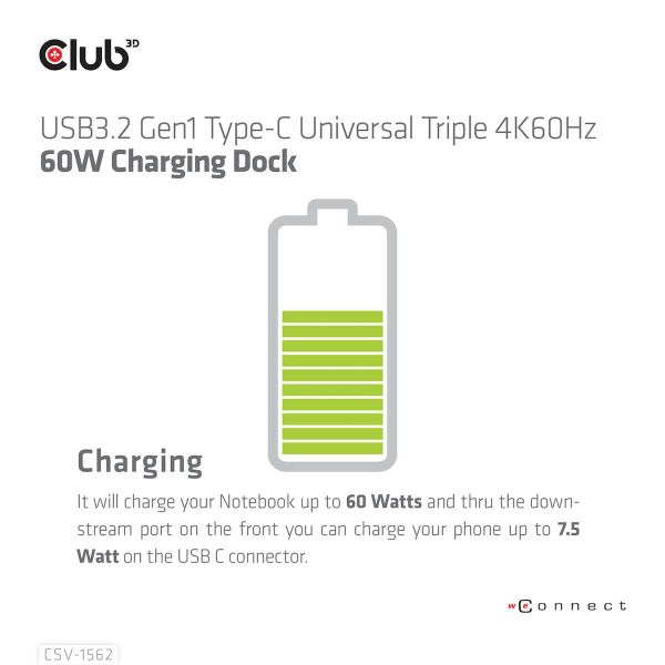 CLUB3D Type-C Universeel (2x 4K60Hz +1x 4K30Hz), oplaad Docking Station 60W DisplayLink® gecertificeerd en DP alt modus - kensington lock (CSV-1562)