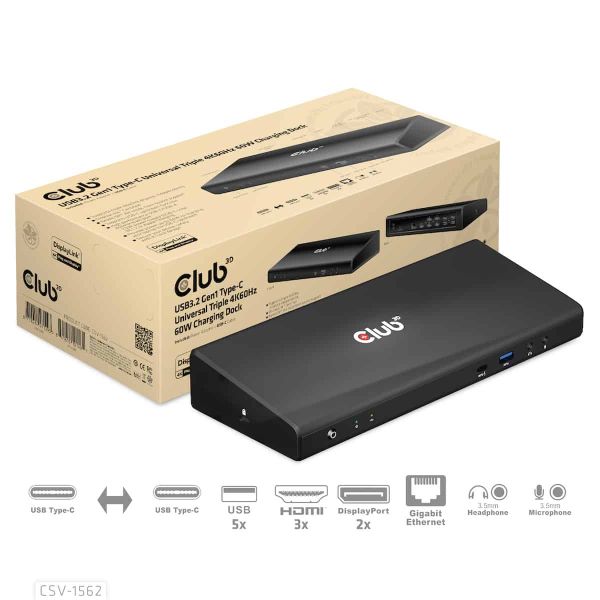CLUB3D Type-C Universeel (2x 4K60Hz +1x 4K30Hz), oplaad Docking Station 60W DisplayLink® gecertificeerd en DP alt modus - kensington lock (CSV-1562)