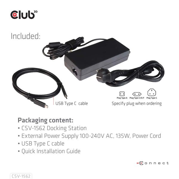 CLUB3D Type-C Universeel (2x 4K60Hz +1x 4K30Hz), oplaad Docking Station 60W DisplayLink® gecertificeerd en DP alt modus - kensington lock (CSV-1562)