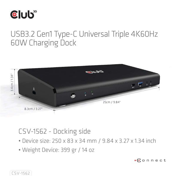 CLUB3D Type-C Universeel (2x 4K60Hz +1x 4K30Hz), oplaad Docking Station 60W DisplayLink® gecertificeerd en DP alt modus - kensington lock (CSV-1562)