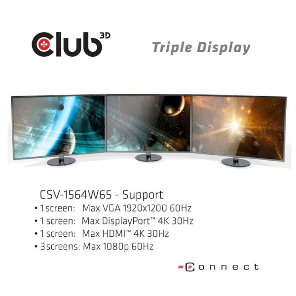 CLUB3D UNIVERSEEL USB Gen1 Type-C Triple Display Dockstation met 65 Watt voor het opladen van een lichte laptop * 1x VGA, 1x HDMI, 1x DP* ( DP ALT MODUS) (CSV-1564W65)