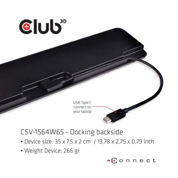 CLUB3D UNIVERSEEL USB Gen1 Type-C Triple Display Dockstation met 65 Watt voor het opladen van een lichte laptop * 1x VGA, 1x HDMI, 1x DP* ( DP ALT MODUS) (CSV-1564W65)