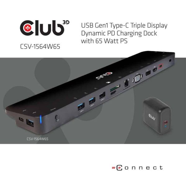 CLUB3D UNIVERSEEL USB Gen1 Type-C Triple Display Dockstation met 65 Watt voor het opladen van een lichte laptop * 1x VGA, 1x HDMI, 1x DP* ( DP ALT MODUS) (CSV-1564W65)