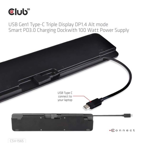 CLUB3D USB Gen1 Type-C Triple Display DP1.4 Alt mode Smart PD3.0 Charging Dock with 100 Watt Power Supply (CSV-1565)