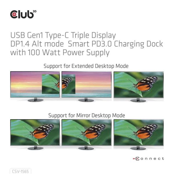 CLUB3D USB Gen1 Type-C Triple Display DP1.4 Alt mode Smart PD3.0 Charging Dock with 100 Watt Power Supply (CSV-1565)