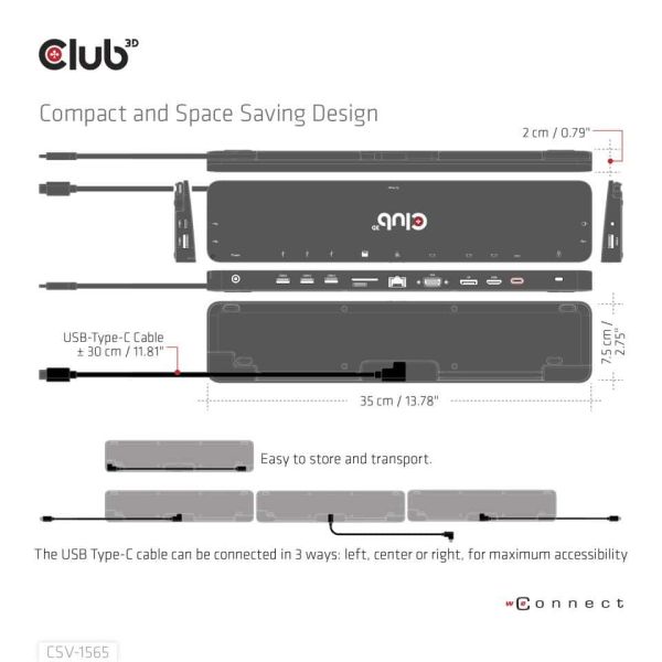 CLUB3D USB Gen1 Type-C Triple Display DP1.4 Alt mode Smart PD3.0 Charging Dock with 100 Watt Power Supply (CSV-1565)