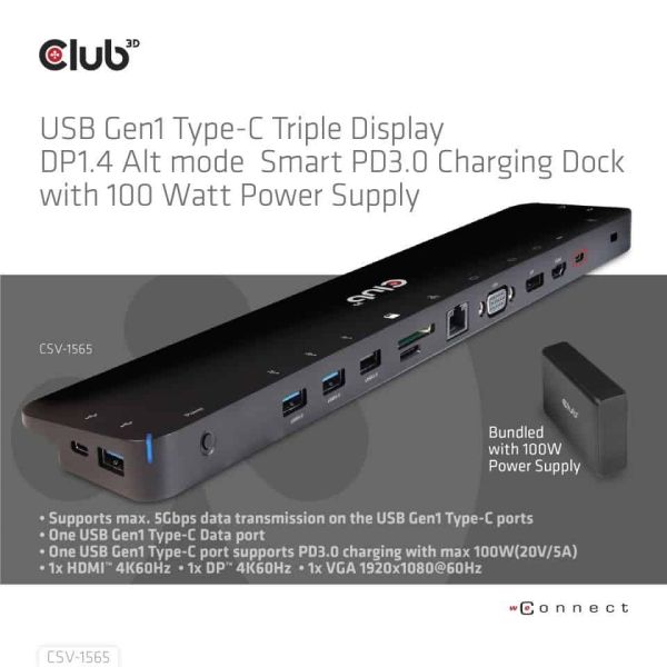 CLUB3D USB Gen1 Type-C Triple Display DP1.4 Alt mode Smart PD3.0 Charging Dock with 100 Watt Power Supply (CSV-1565)