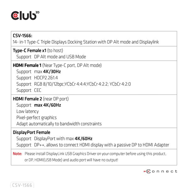 CLUB3D Universeel Docking station met 120W max/Power adapter voor het opladen van de allerzwaarste laptops met USB type C aansluiting, 2x HDMI, 1x DP( DisplayLink™ gecertificieerd en DP alt modus ) (CSV-1566)