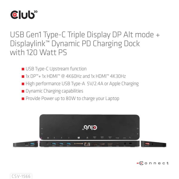CLUB3D Universeel Docking station met 120W max/Power adapter voor het opladen van de allerzwaarste laptops met USB type C aansluiting, 2x HDMI, 1x DP( DisplayLink™ gecertificieerd en DP alt modus ) (CSV-1566)
