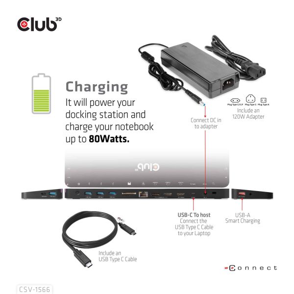 CLUB3D Universeel Docking station met 120W max/Power adapter voor het opladen van de allerzwaarste laptops met USB type C aansluiting, 2x HDMI, 1x DP( DisplayLink™ gecertificieerd en DP alt modus ) (CSV-1566)