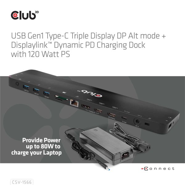 CLUB3D Universeel Docking station met 120W max/Power adapter voor het opladen van de allerzwaarste laptops met USB type C aansluiting, 2x HDMI, 1x DP( DisplayLink™ gecertificieerd en DP alt modus ) (CSV-1566)