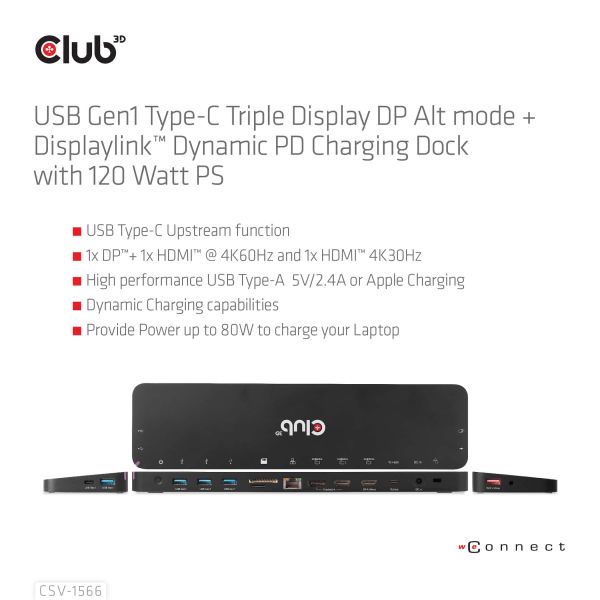 CLUB3D Universeel Docking station met 120W max/Power adapter voor het opladen van de allerzwaarste laptops met USB type C aansluiting, 2x HDMI, 1x DP( DisplayLink™ gecertificieerd en DP alt modus ) (CSV-1566)