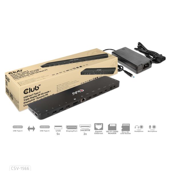 CLUB3D Universeel Docking station met 120W max/Power adapter voor het opladen van de allerzwaarste laptops met USB type C aansluiting, 2x HDMI, 1x DP( DisplayLink™ gecertificieerd en DP alt modus ) (CSV-1566)