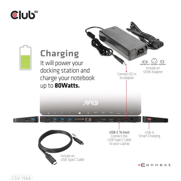 CLUB3D Universeel Docking station met 120W max/Power adapter voor het opladen van de allerzwaarste laptops met USB type C aansluiting, 2x HDMI, 1x DP( DisplayLink™ gecertificieerd en DP alt modus ) (CSV-1566)