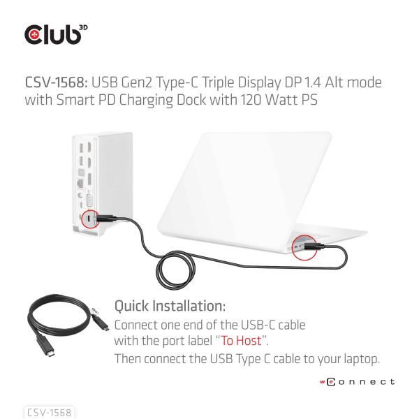 CLUB3D USB type C Universeel docking station 2x USB Gen2 Type-A 1x USB Gen1 Type-A 1x USB Type-A (ROOD) Smart Charging-poort 5V/2.4A Max. • 2x HDMI (DP Alt Mode) 1x DP (DP Alt Mode) 1x VGA 1x RJ45 max.120 Watt opladen (CSV-1568)